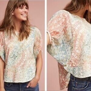 Anthropologie Eri + Ali Briony Dolman Cotton Top size small Cream Green Print